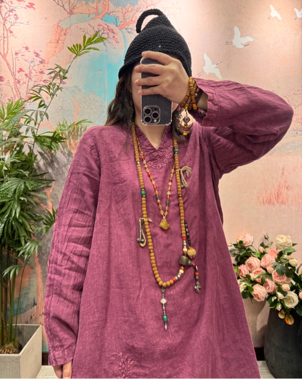 2158定制 炒色 100%汉麻亚麻 刺绣V领宽松中长款春季上衣