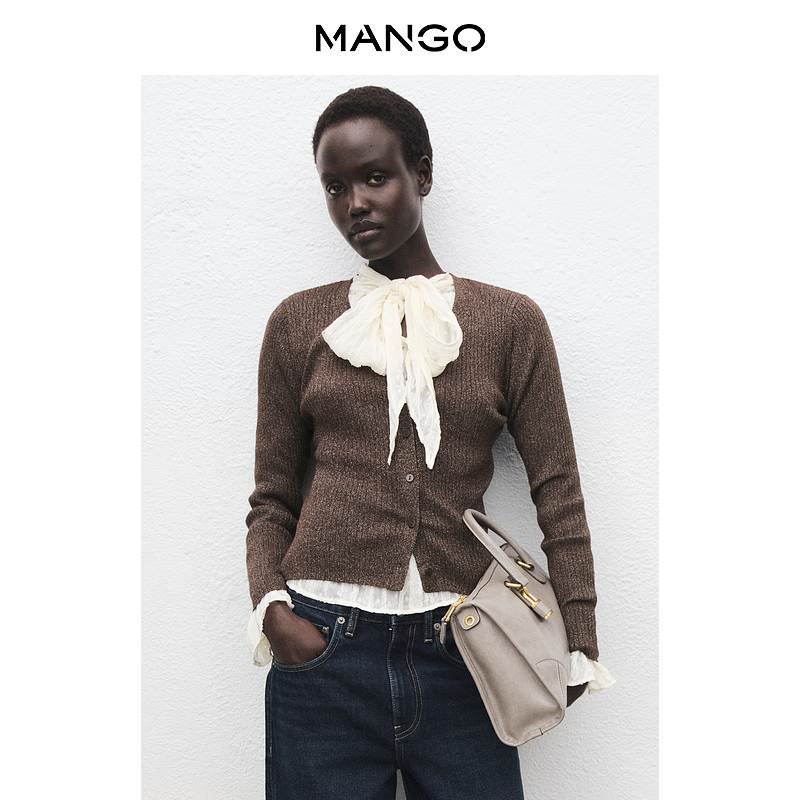 MANGO女装毛针织衫2025秋装新款休闲简约复古V领罗纹修身针织开衫