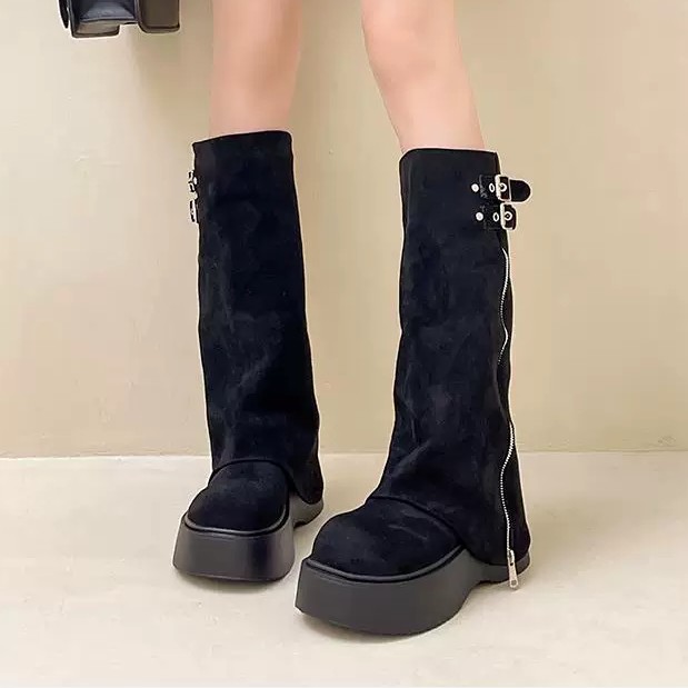 网红爆款复古百搭厚底秋冬新款简约时尚长靴801-1(不加绒)