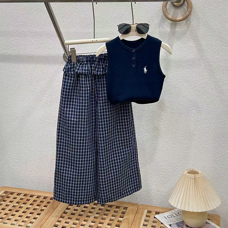 女童阔腿裤套装2025新款儿童夏装裤子中大童洋气格子裤品质童装潮