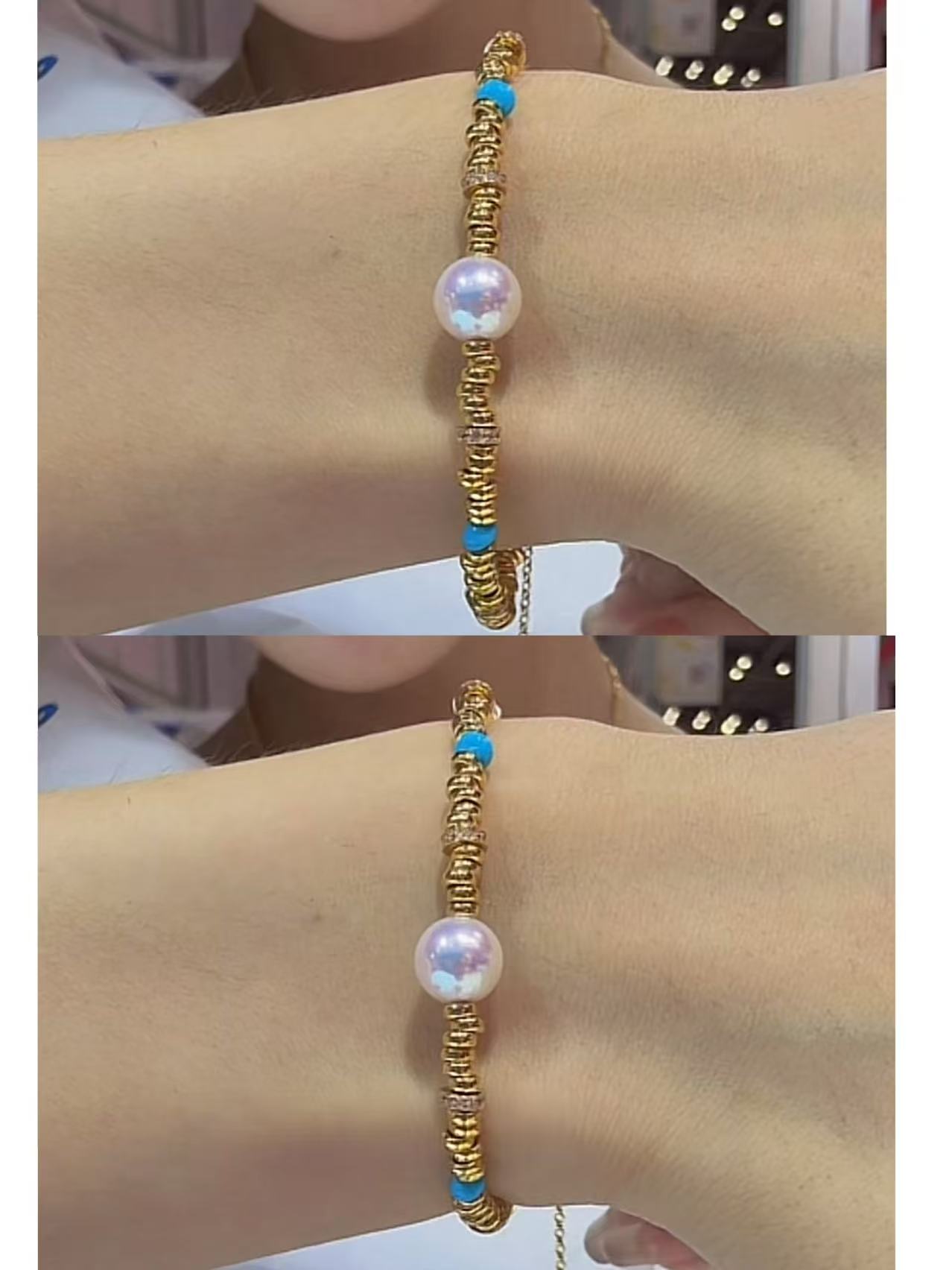 SG10247丨海水Akoya珍珠绿松盘缠手链 S925银 多样性发一