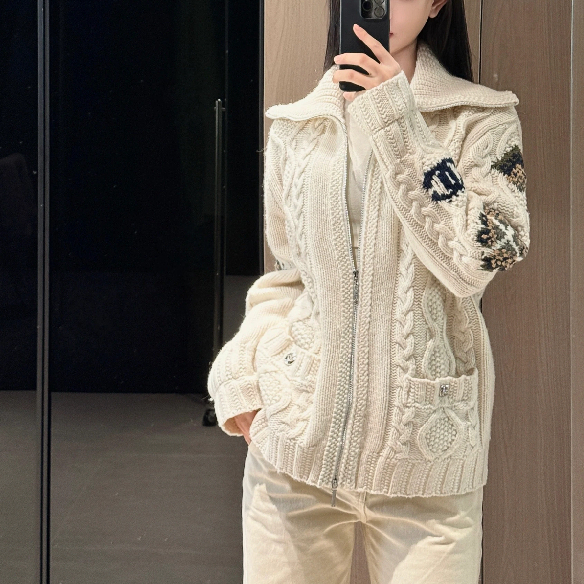99新 Chanel/香奈儿 24N白色立体针织拉链翻领外套34码