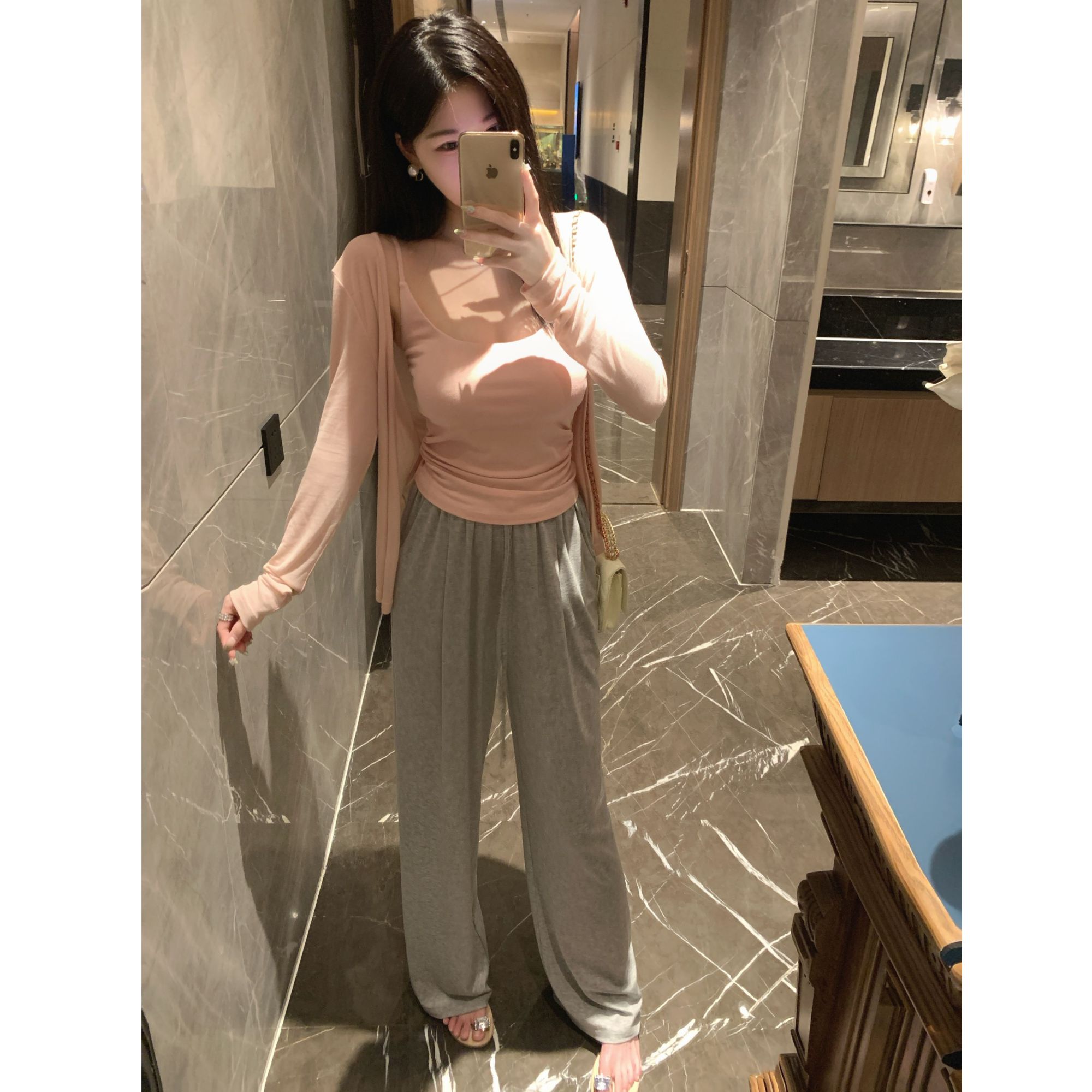 薄款针织开衫女宽松微透防晒外套+大U领抽褶收腰吊带背心内搭上衣