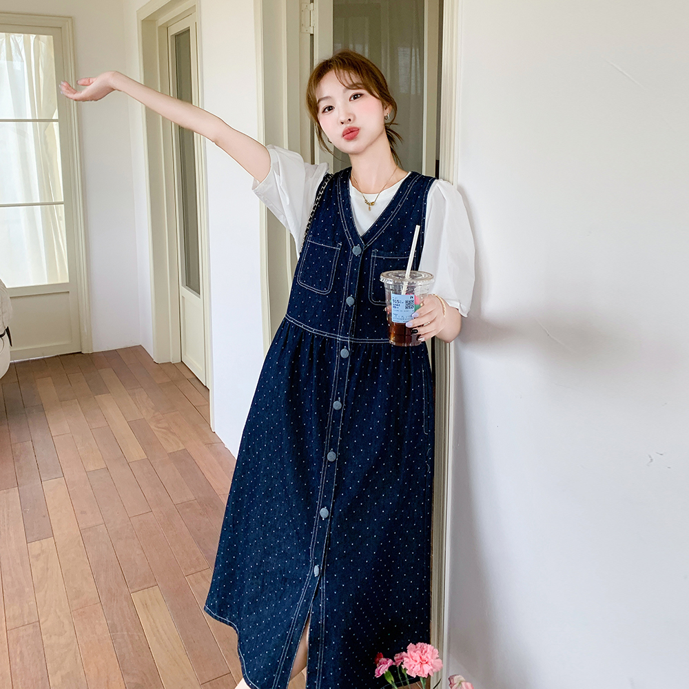 盐系轻熟风时尚套装女夏季流行韩系波点背心牛仔连衣裙T恤两件套