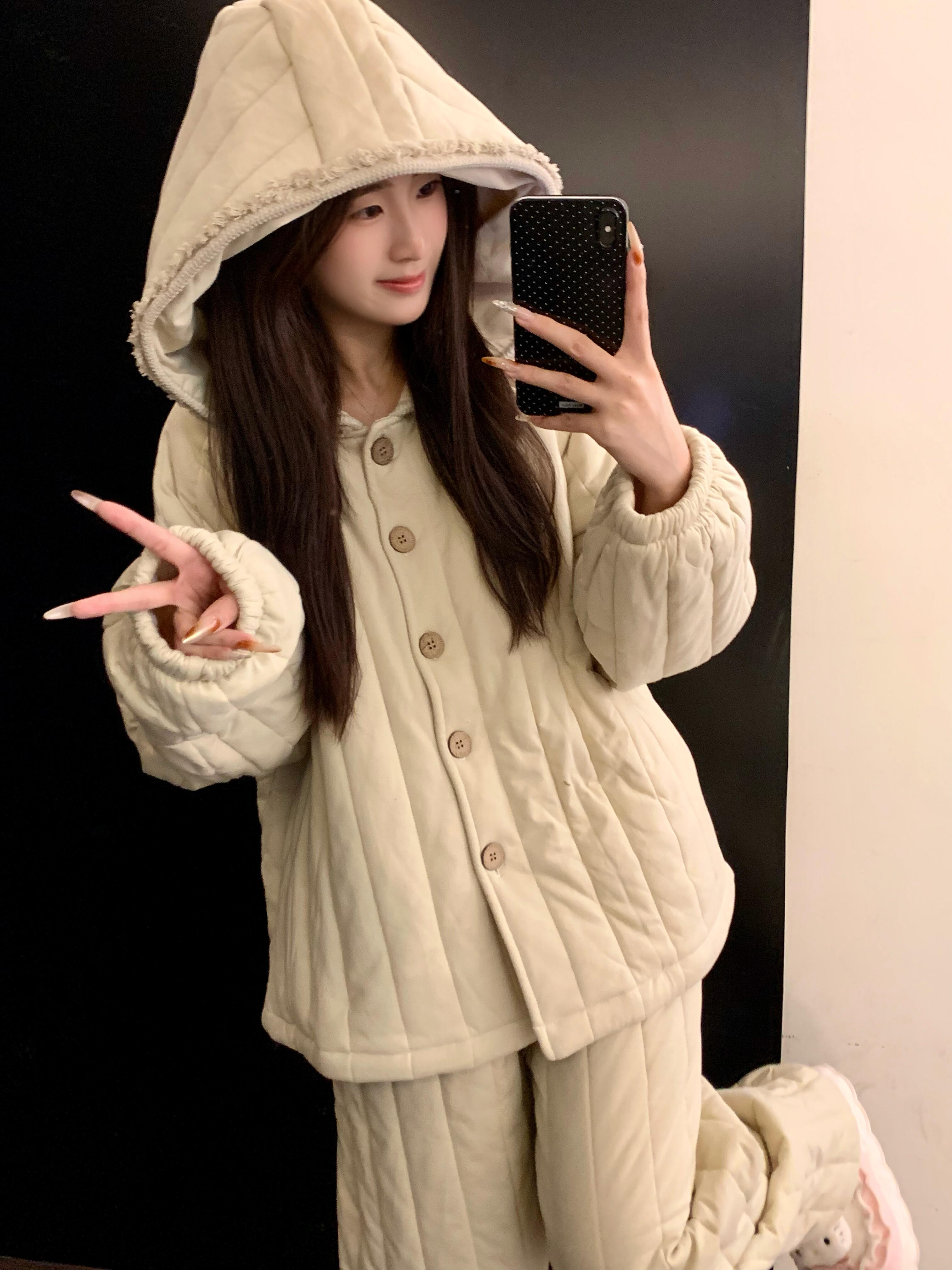 高级感穿搭韩版连帽夹棉睡衣女秋冬季新款加厚棉服保暖家居服套装