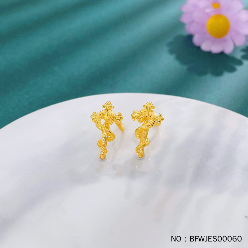足金999 五9黄金空心克罗心十字灵蛇权杖耳饰耳钉