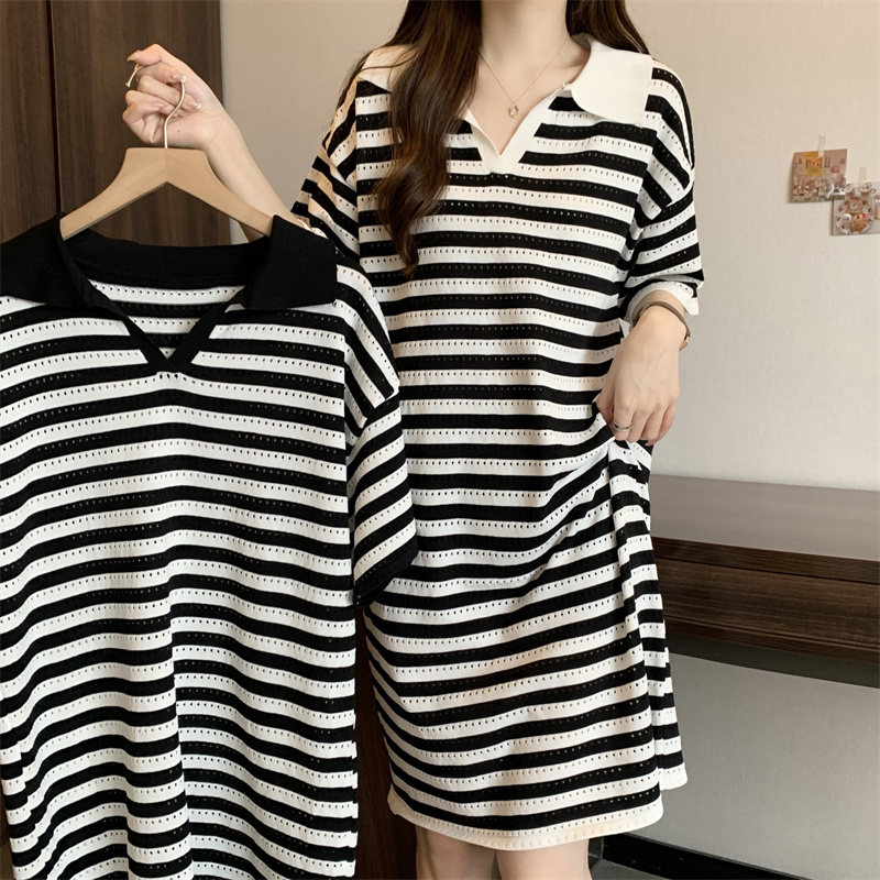 哺乳衣外出辣妈款时尚条纹显瘦哺乳连衣裙夏产后polo领喂奶t恤裙