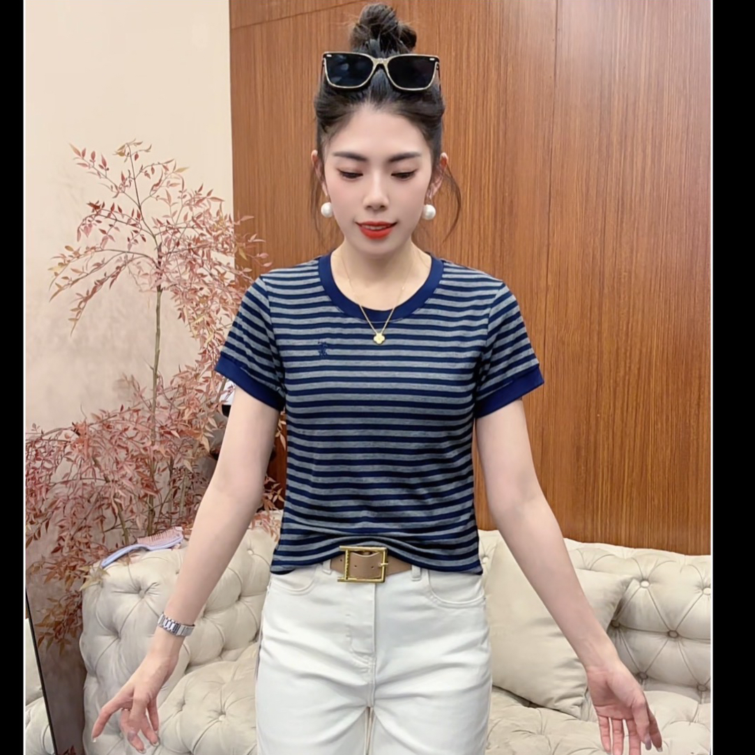 月月家，新款小马刺绣百搭条纹短袖T恤812