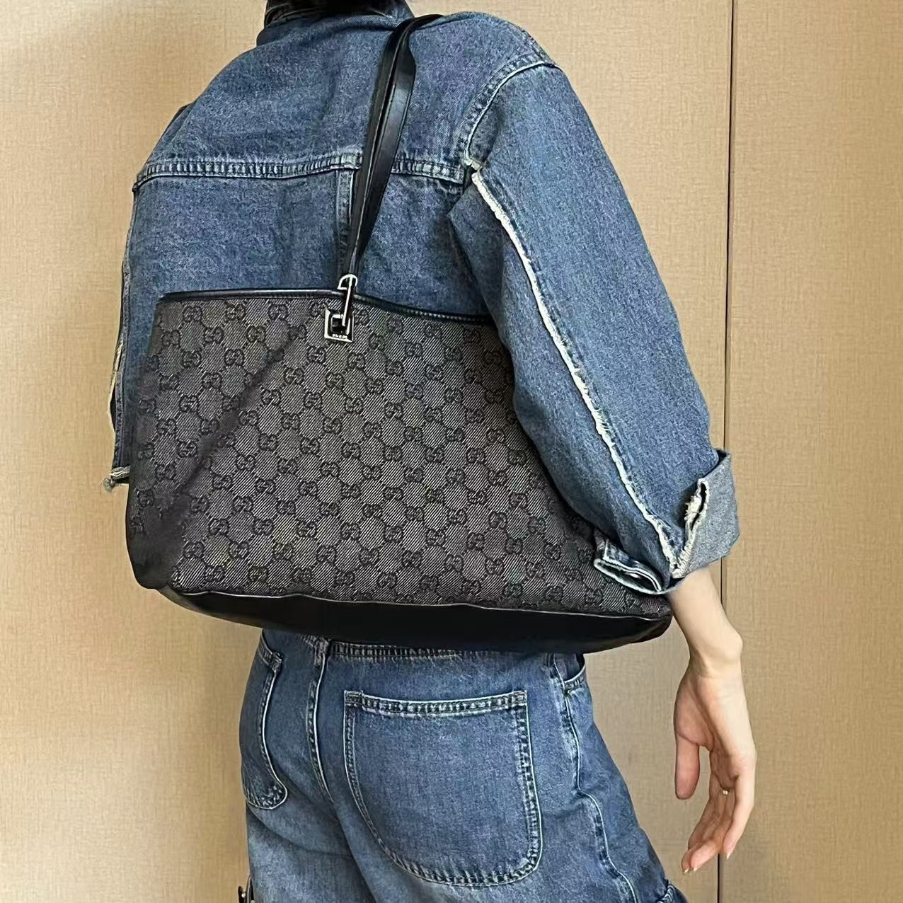 95新 GUCCI/古驰 黑色满印帆布托特/云海优选/H02523