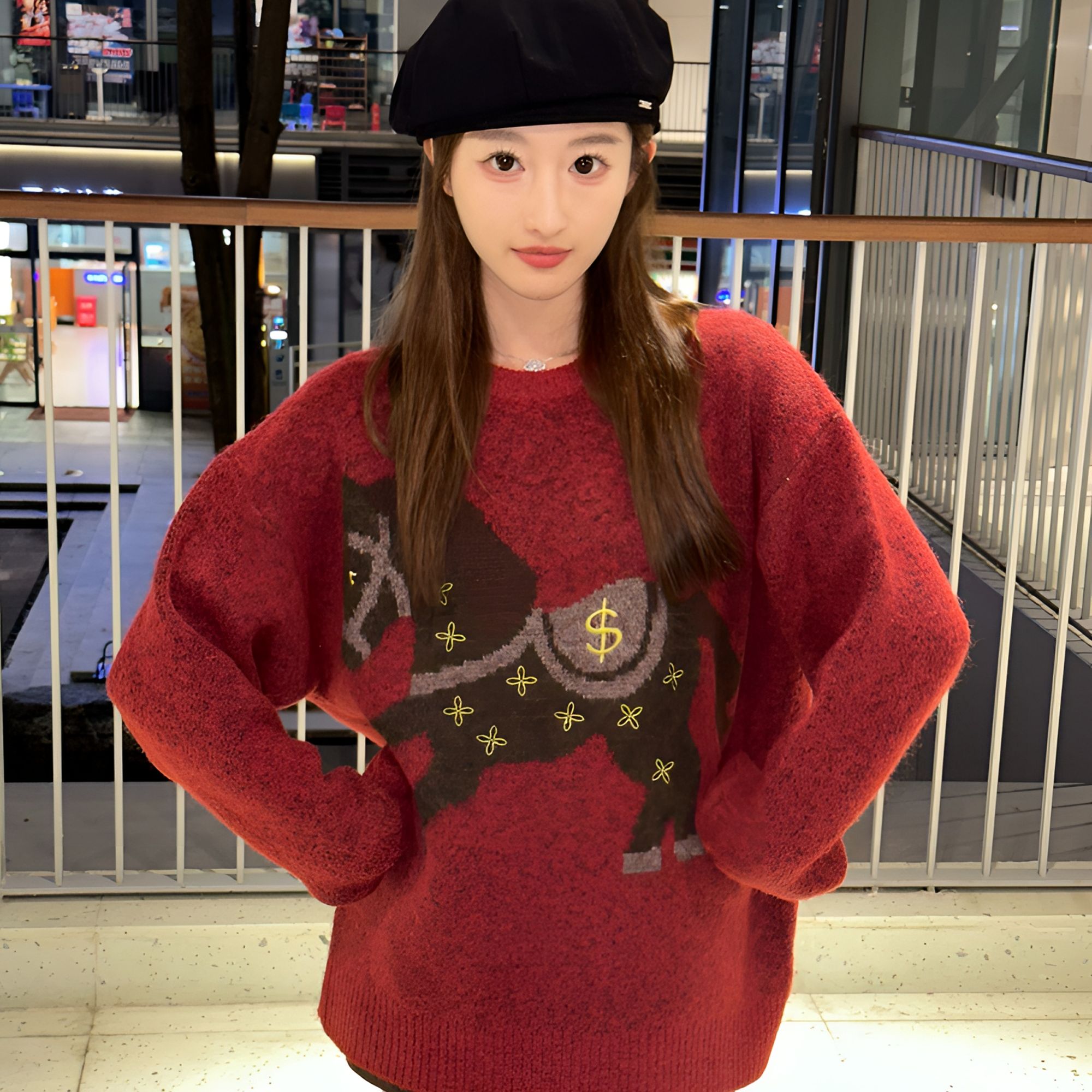 【YUYU】新年穿搭红色毛衣小马刺绣氛围感穿搭时尚圆领针织衫