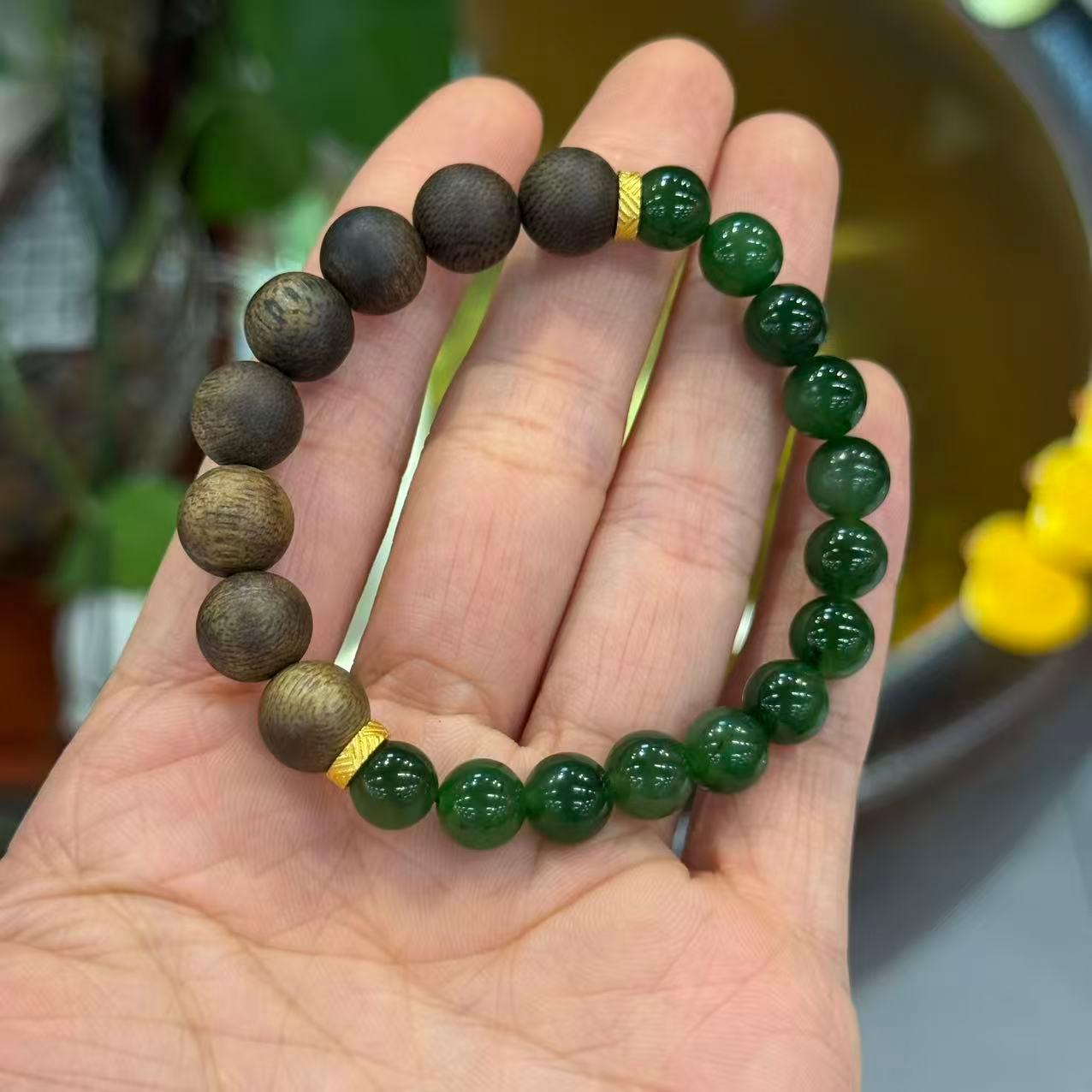 沉香【大胡子】沉香沉香diy和田碧玉设计款单圈手串 10mm左右