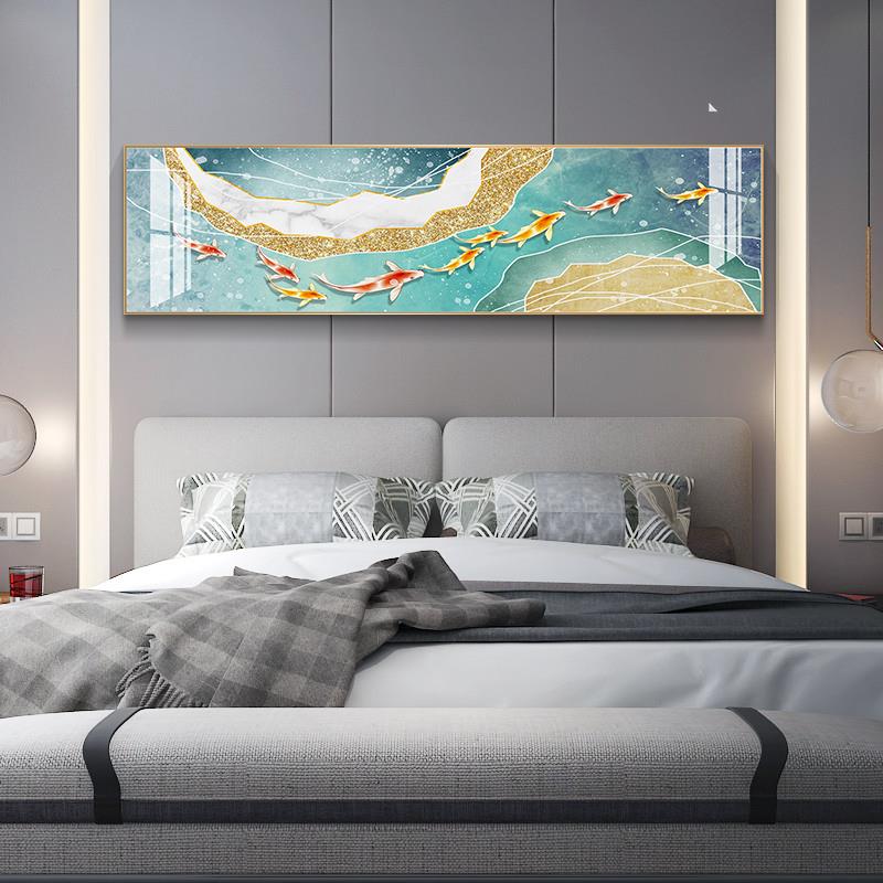 现代简约卧室装饰画 抽象创意九鱼图 晶瓷横版软装主卧房间床头画