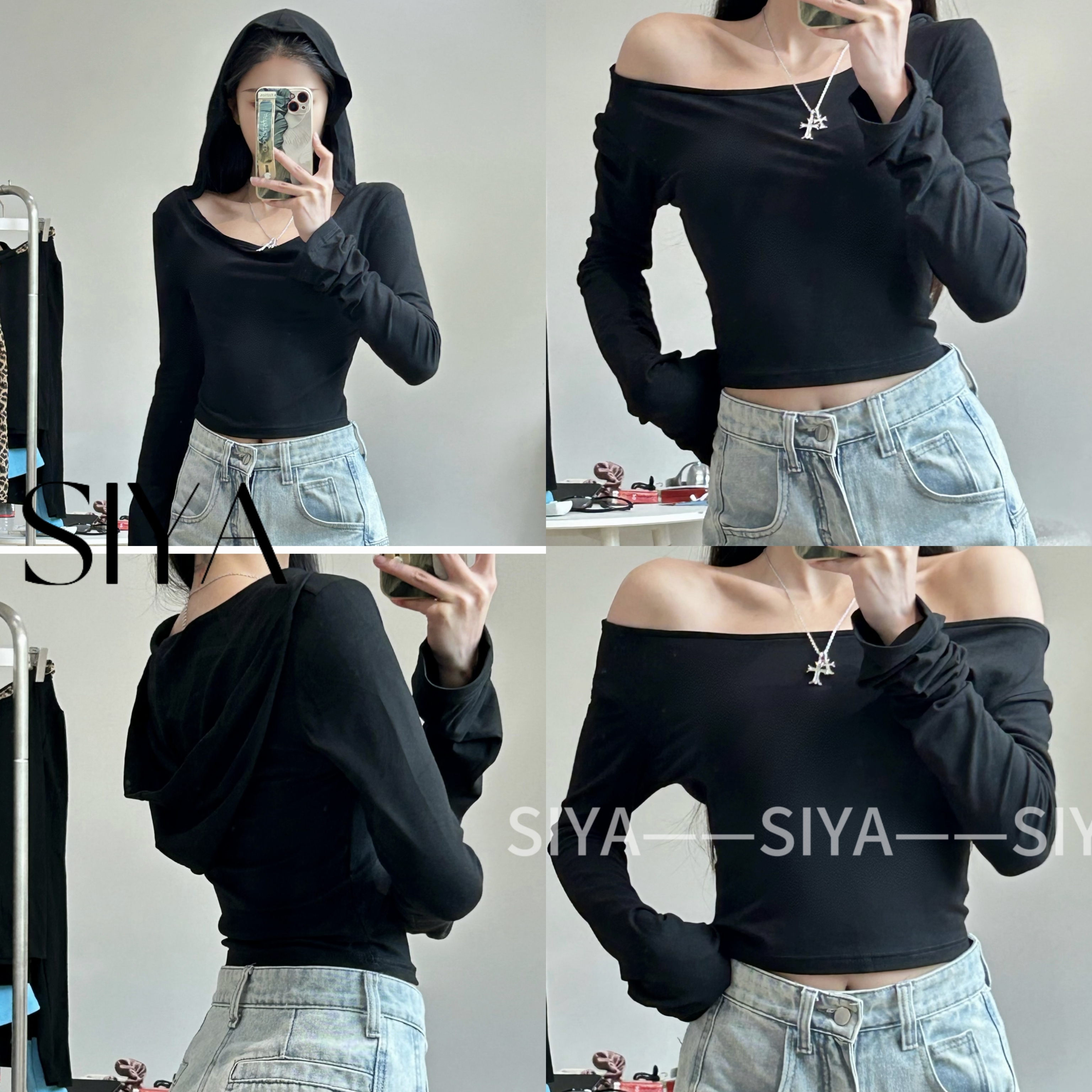 【SIYA】美式性感黑色连帽t恤女2025年春季新款设计感小众打底衫