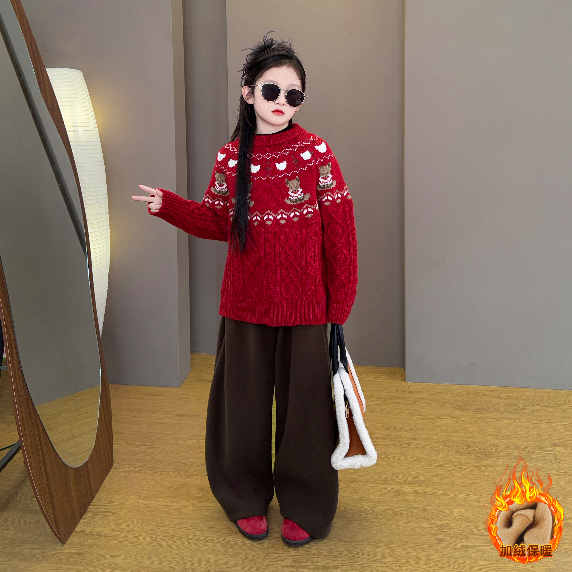 女童2025新款儿童秋冬季韩版甜美年款红色毛衣百搭加绒休闲裤套装