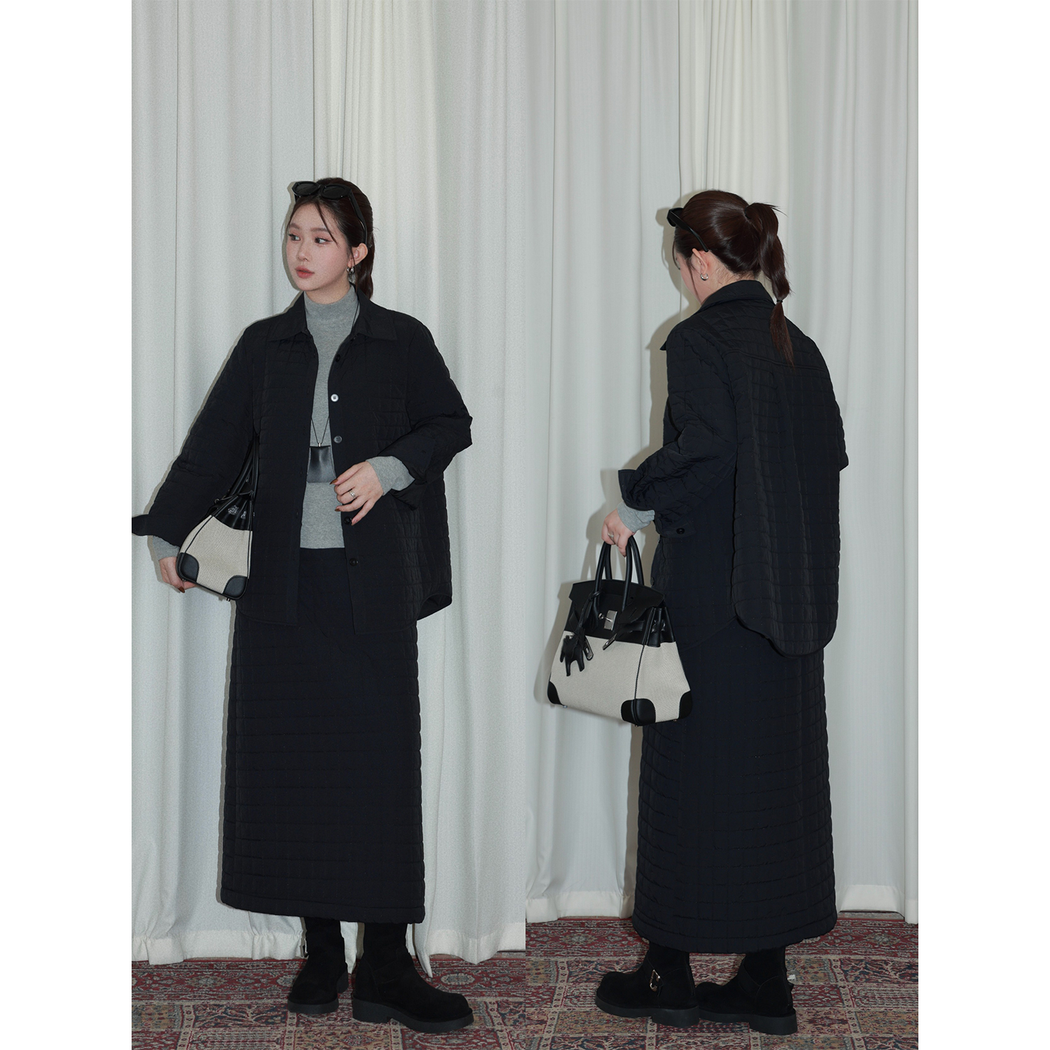 现货大婉酱微胖定制【微软雅黑】绗锈方格棉服百搭半身裙套装2753D 