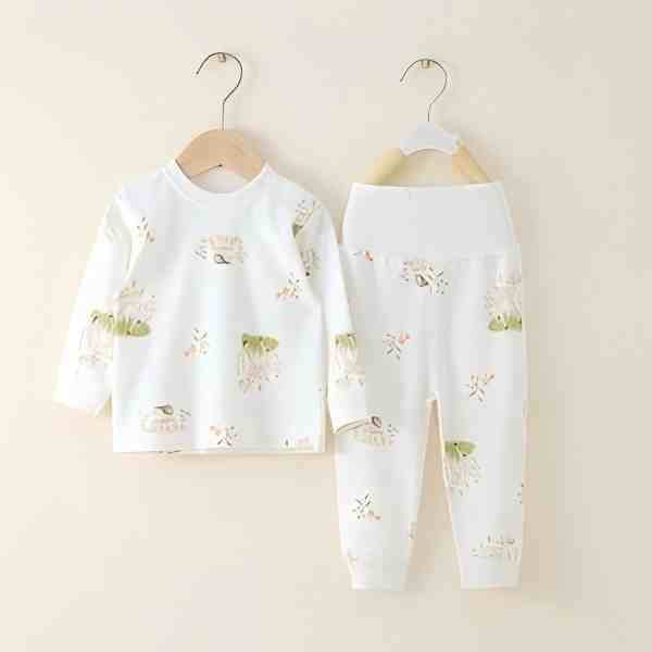 婴幼儿四季棉毛满印肩扣套装新生儿秋衣秋裤高腰护肚家居服
