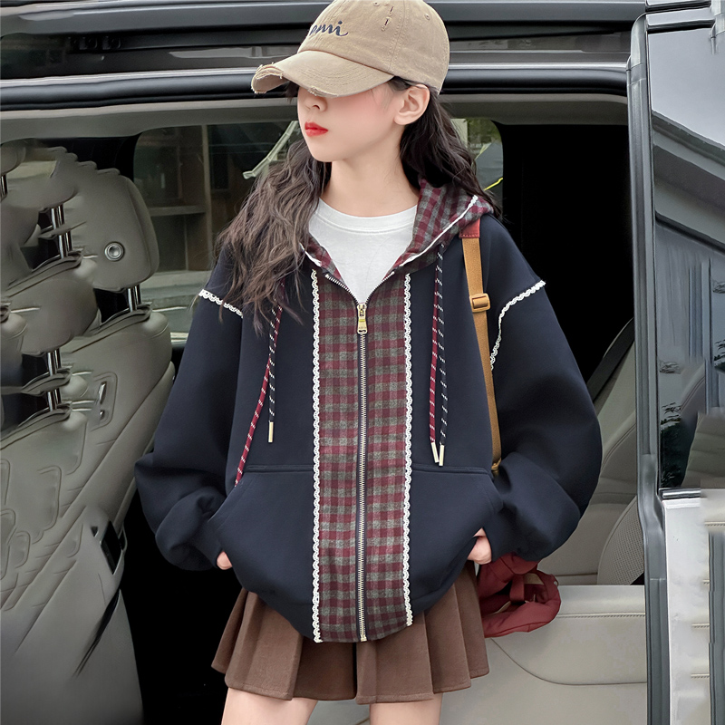 2025秋季新款女童格子拼接开衫连帽外套宽松女大童内有夹里外套