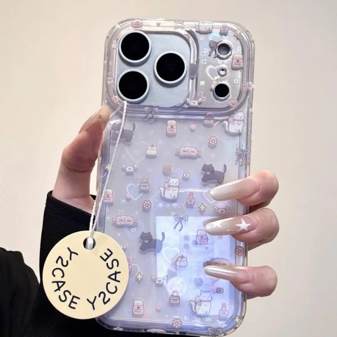 可爱卡通满屏镭射爱心小猫IMD手机壳适用iPhone17苹果16Pro新1314