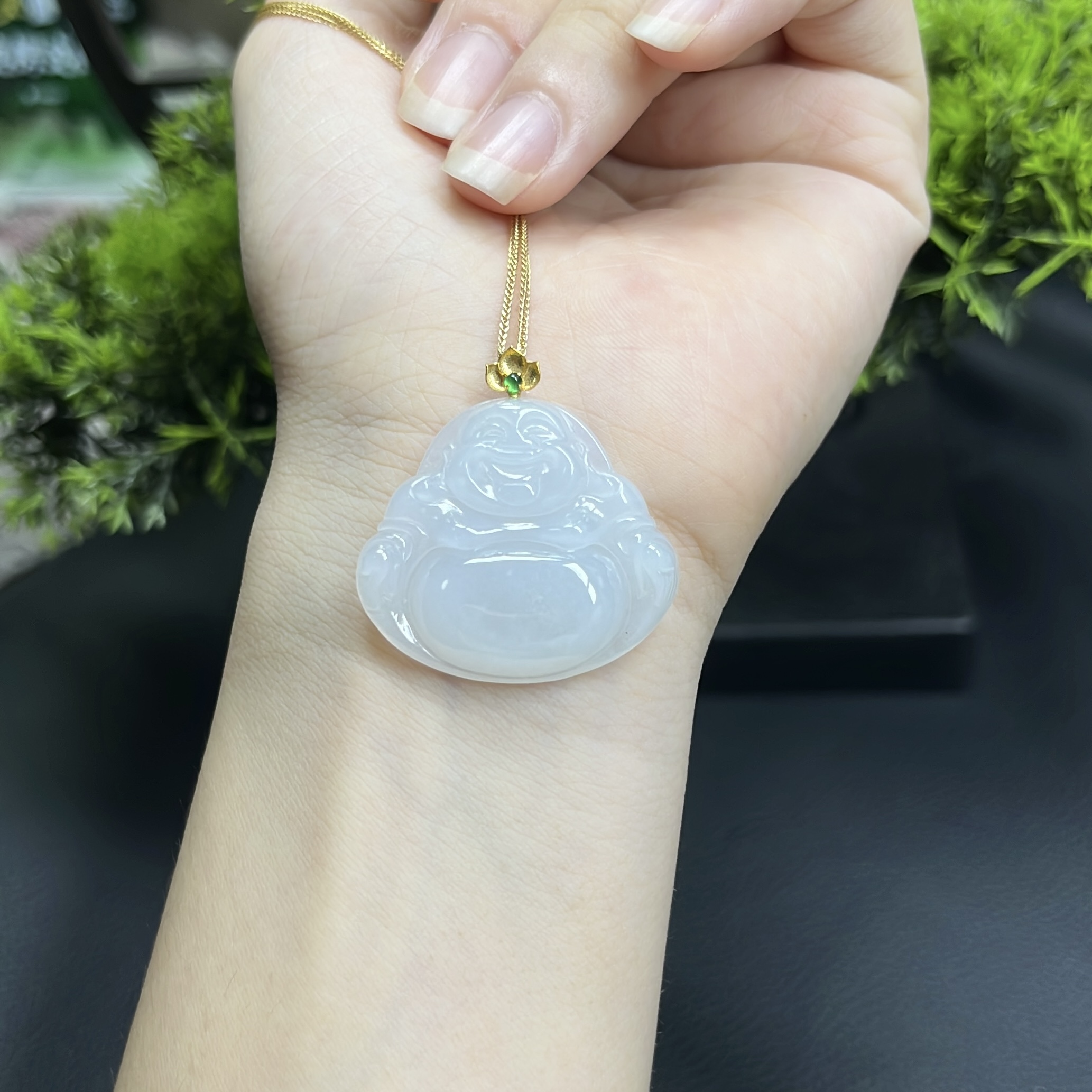 天然缅甸翡翠A货佛公吊坠镶18k金扣毛衣链弥勒佛精品配饰笑佛挂件