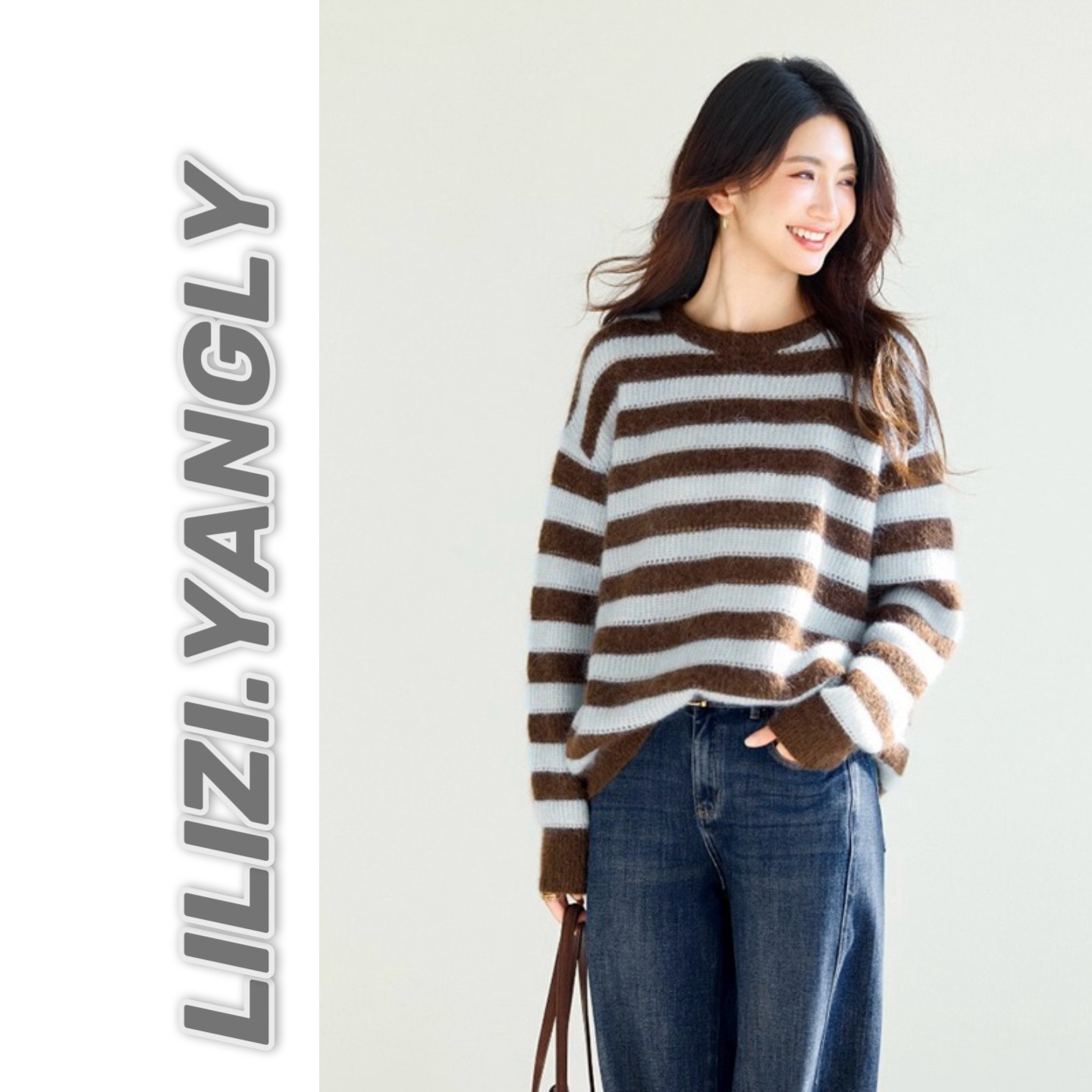 黎黎子【巧克力派】复古条纹毛绒感上衣套头圆领毛衣