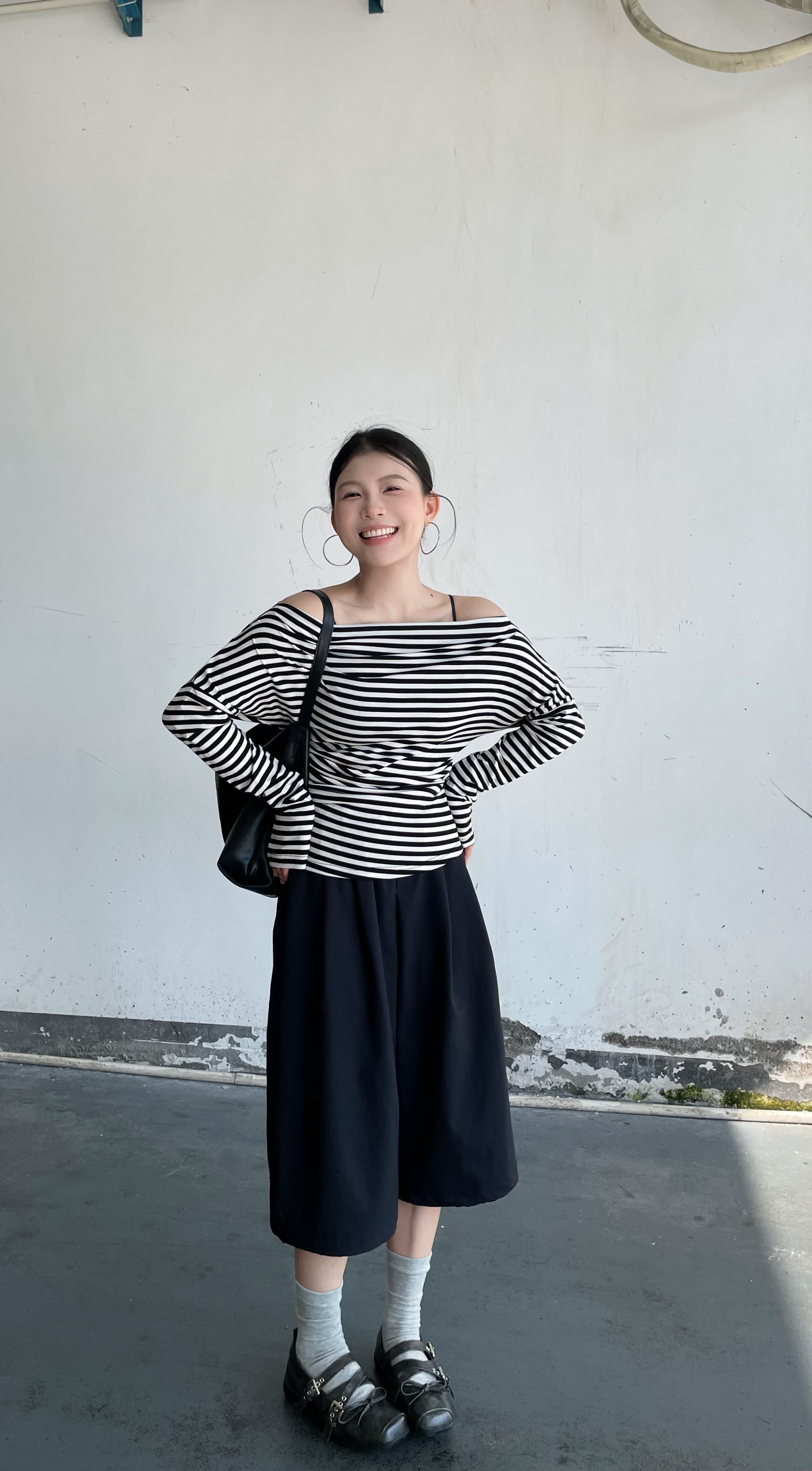 【现货】【反差感2.0】小个子秋季新款单肩一字肩长袖打底条纹T恤