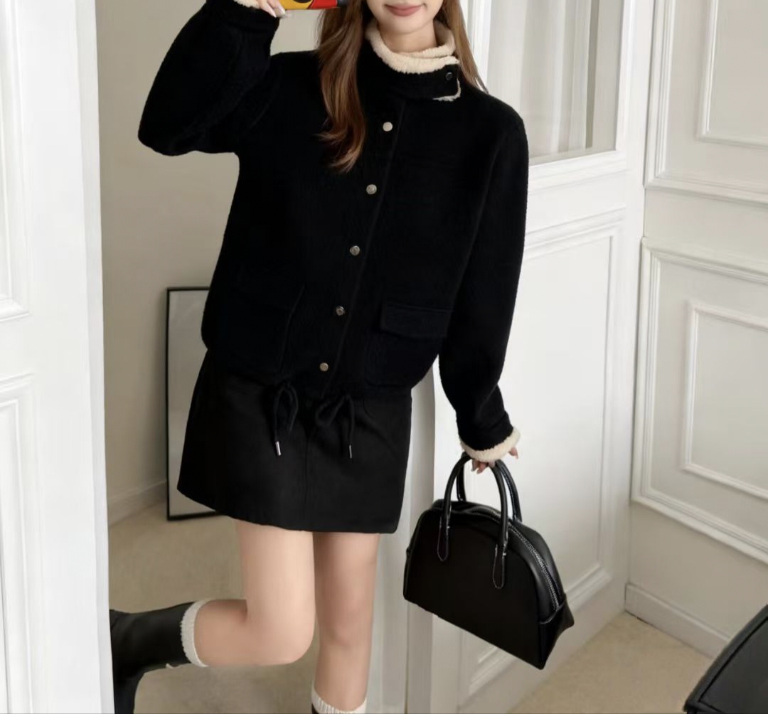 7782-DQ毛毛拼接珍珠抽绳短款外套(80-135)