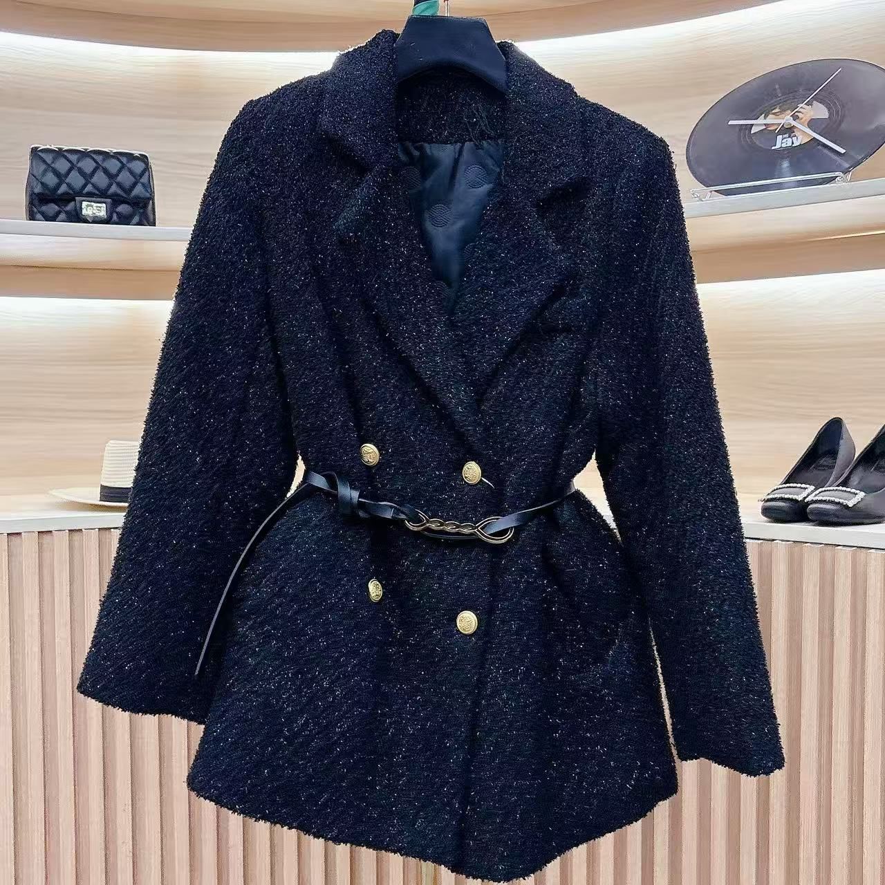 ff3256西服长袖小香风宽松型西装中长款毛呢常规款嵌丝