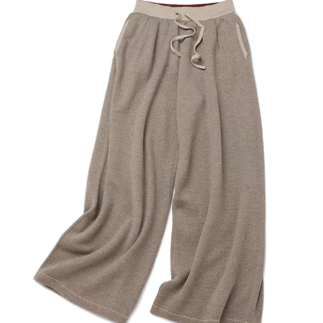 上上签定制秋冬加厚羊绒人字纹阔腿女裤宽松针织抽绳阔腿裤长裤