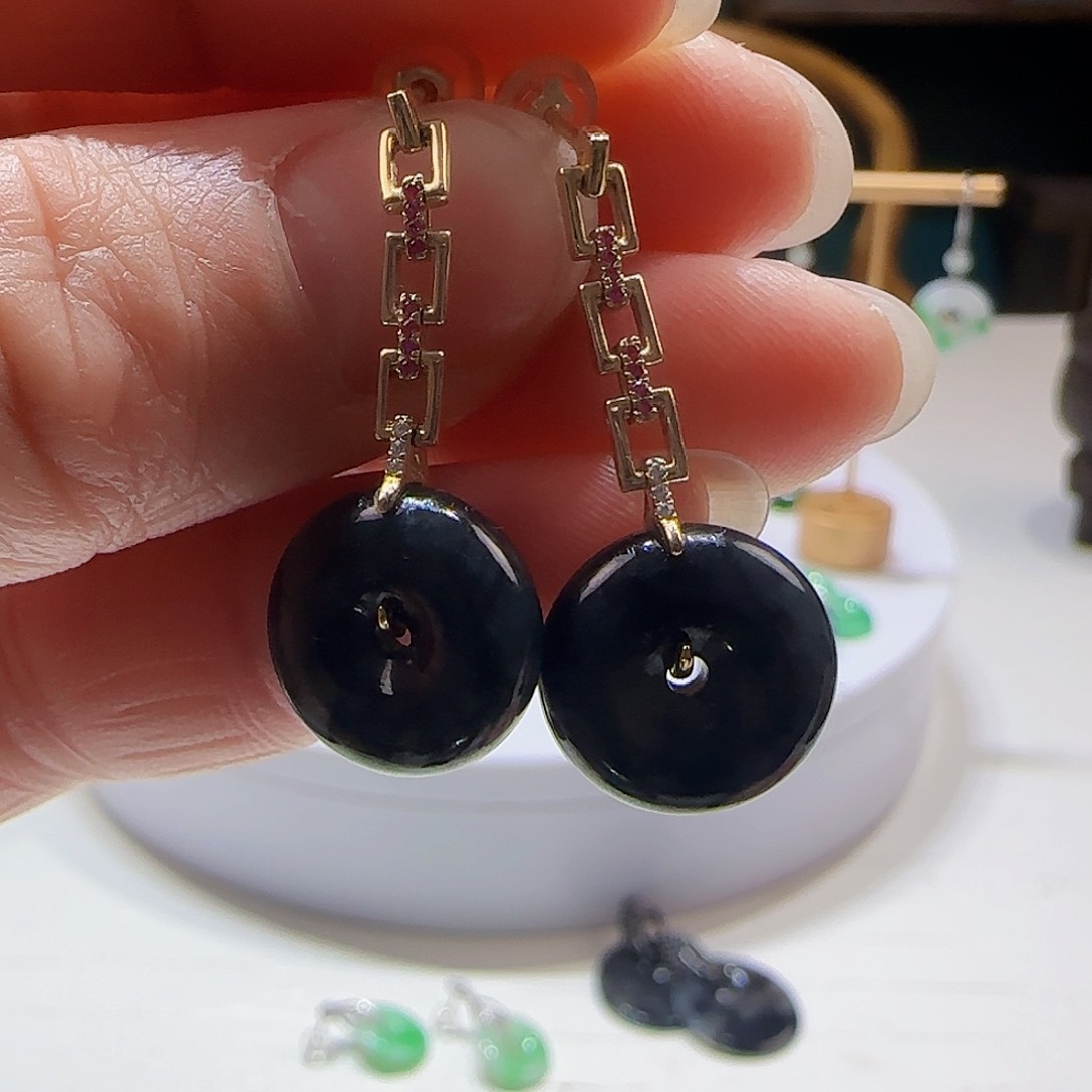 翡翠耳饰18K金镶嵌天然缅甸a货翡翠