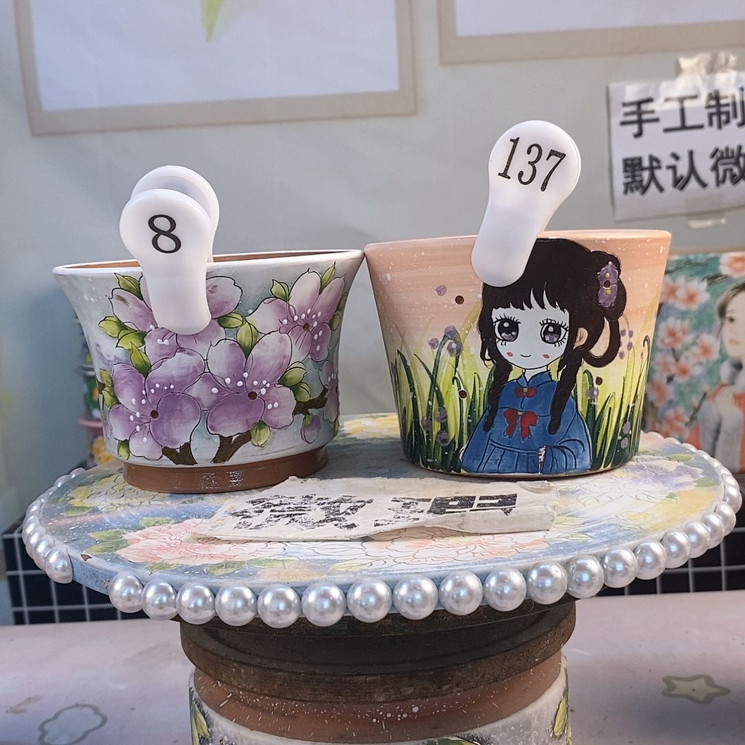 紫砂花盆红陶手绘花盆