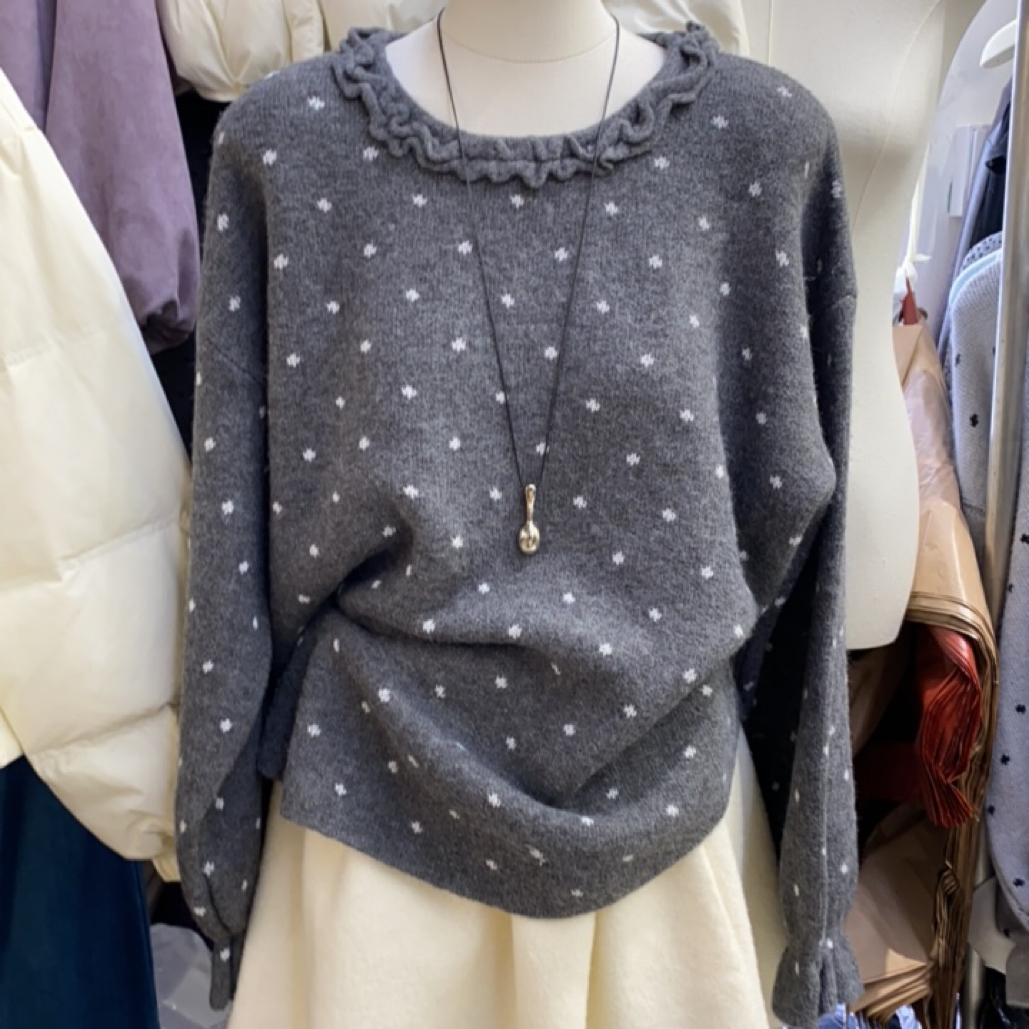 秋冬新款韩版木耳边领波点娃娃袖宽松显瘦慵懒风套头针织毛衣女