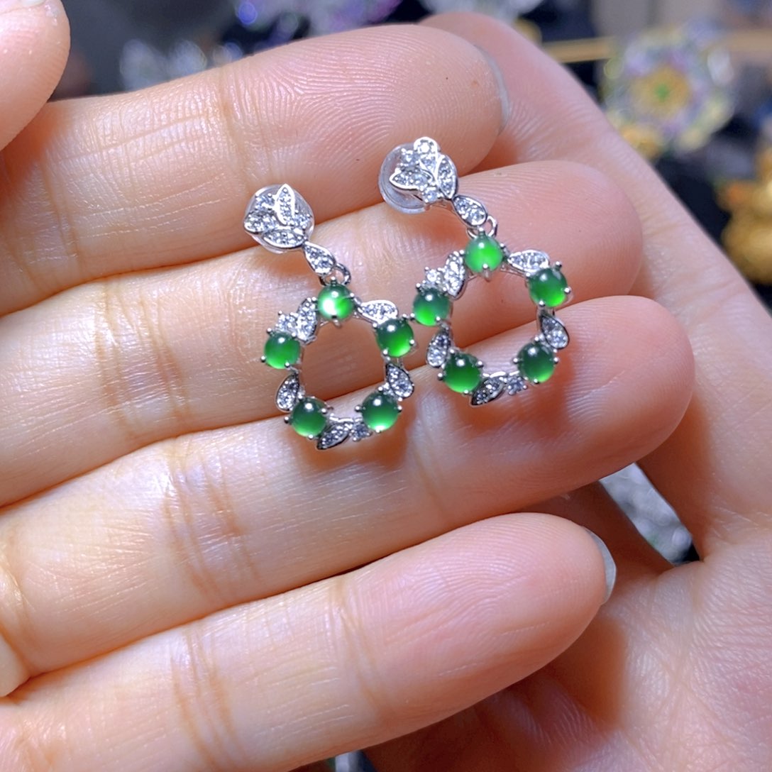 翡翠耳钉银S925镶嵌天然翡翠