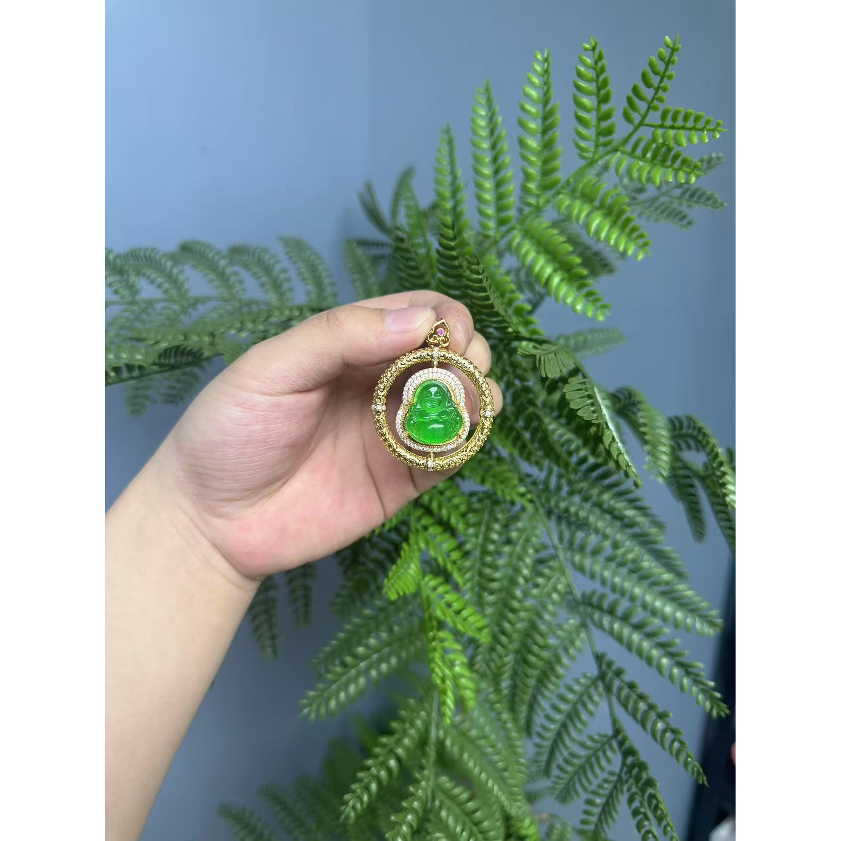 翡翠冰透14k花丝时来运转祥云佛公吊坠