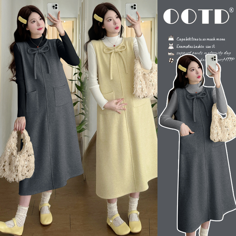 孕妇秋冬装加绒加厚毛呢弹力背心裙长款套装2025新款减龄打底洋气