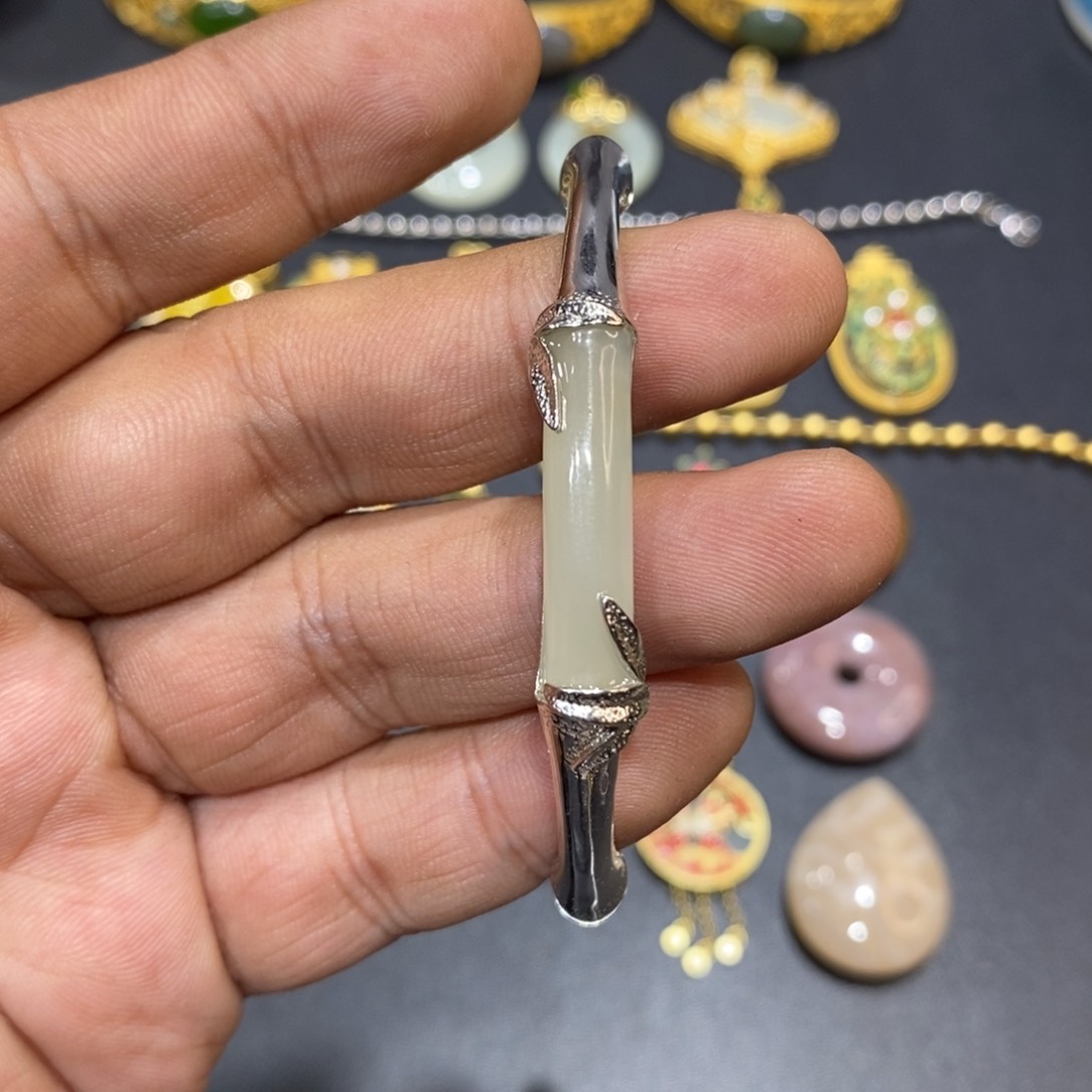 和田玉手链银S925镀金镶嵌