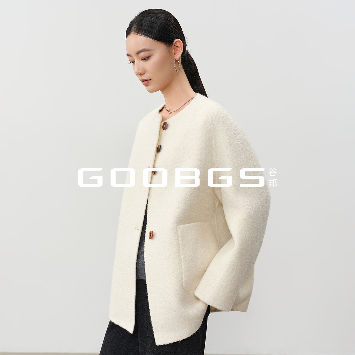 GOOBGS小香风毛呢外套绵羊毛气质高级感宽松呢子大衣B5486515