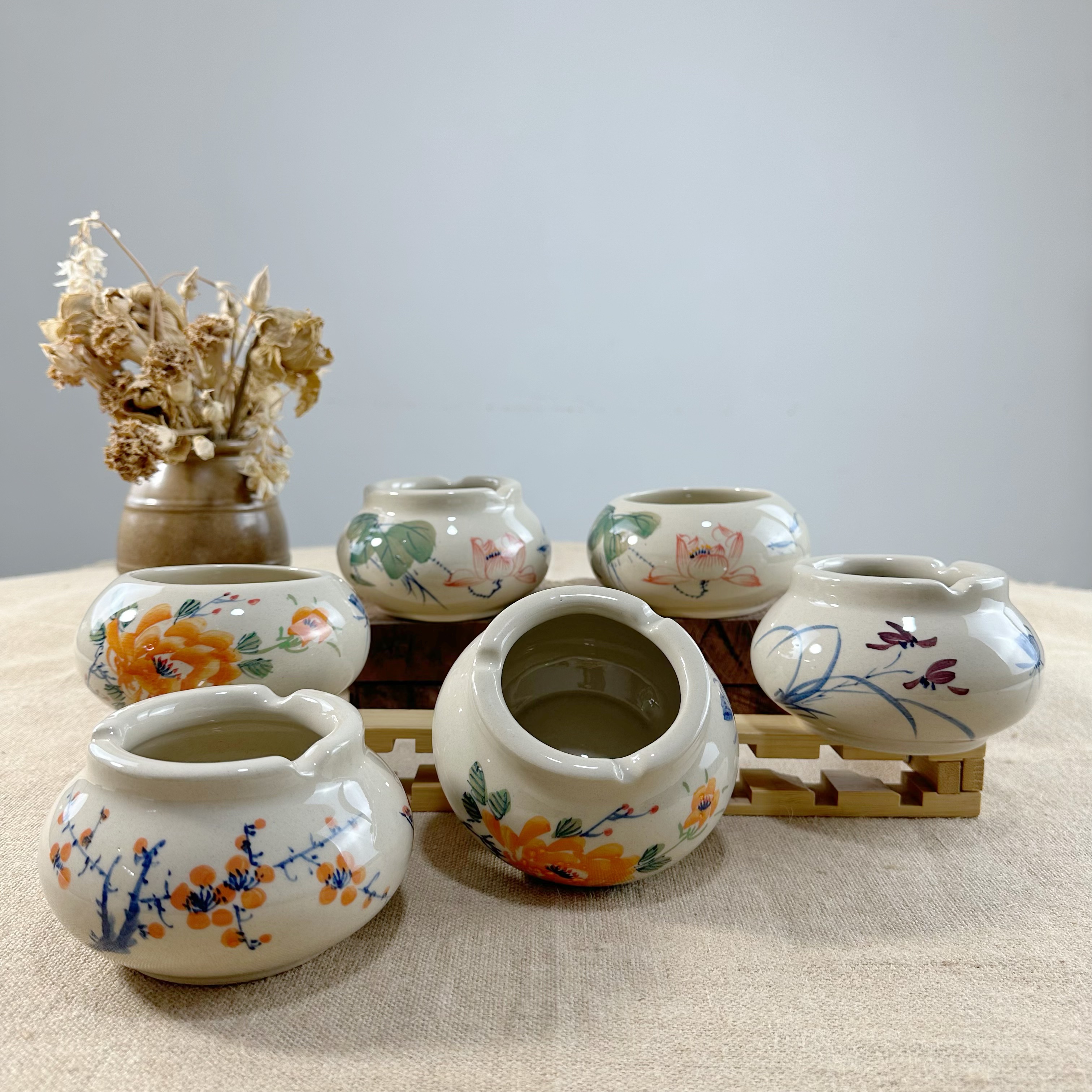 盛凌青花非遗手工手绘高温釉下彩青花瓷小水盂烟灰缸纯釉储物罐