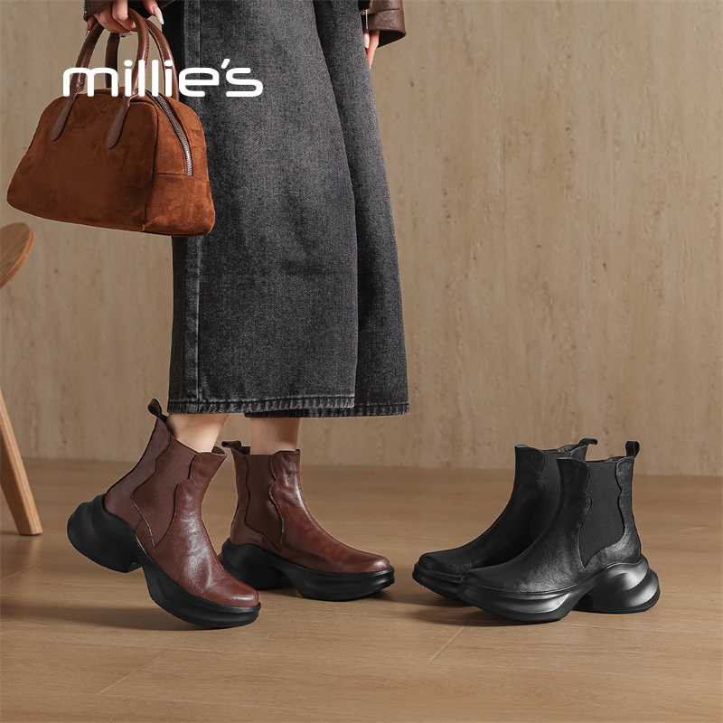 妙丽女鞋修面皮冬季切尔西靴秋季中筒女靴单靴中筒厚底