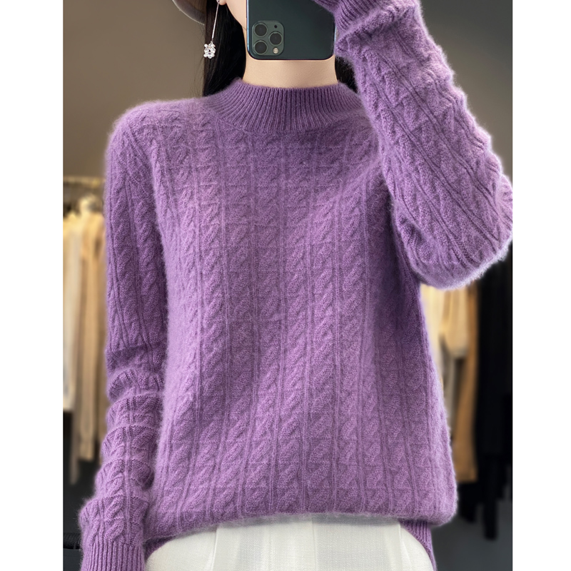 羊毛纯色慵懒风女高领提花针织衫百搭半高领加厚
