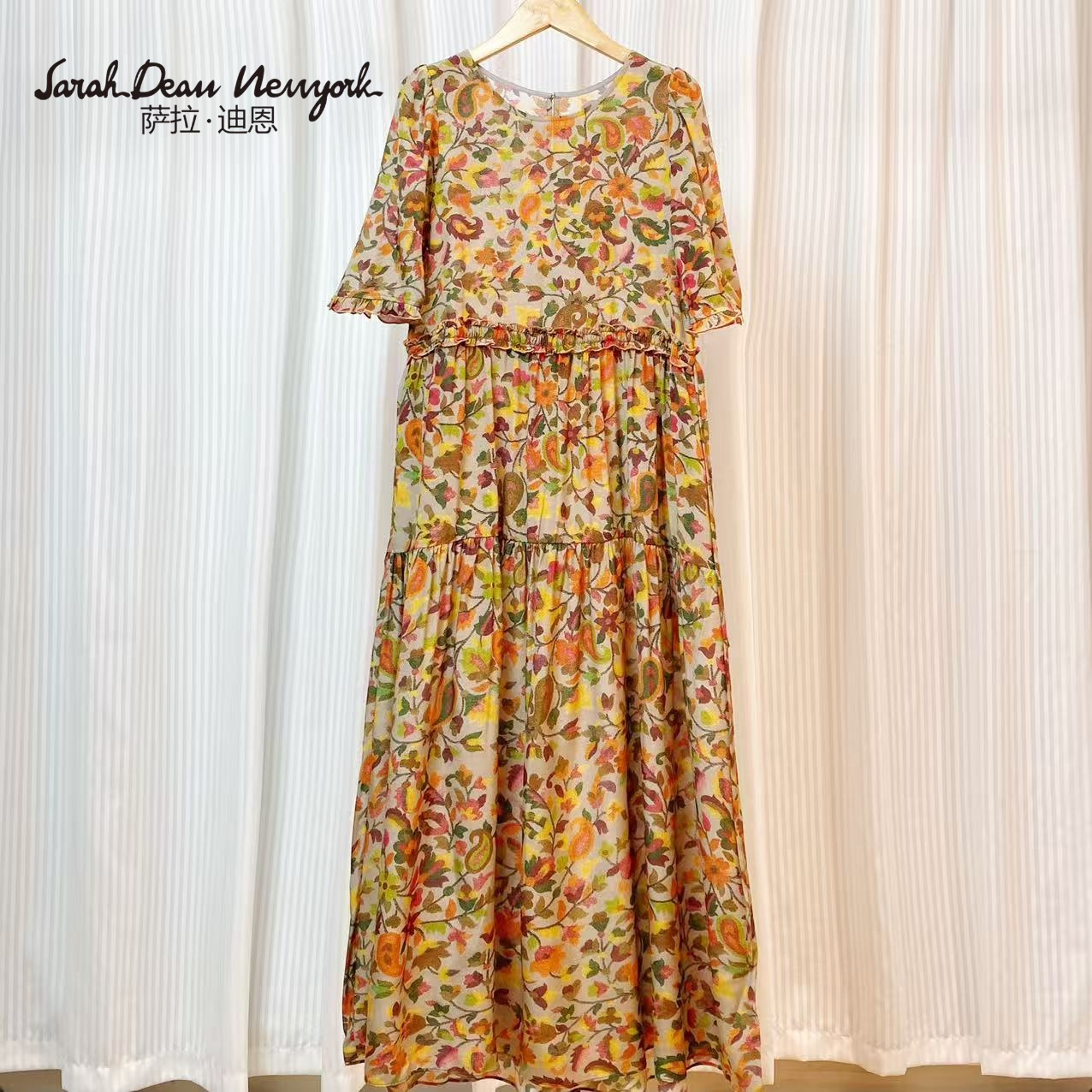 【萨拉迪恩】桑蚕丝圆领时尚长袖百搭优雅连衣裙