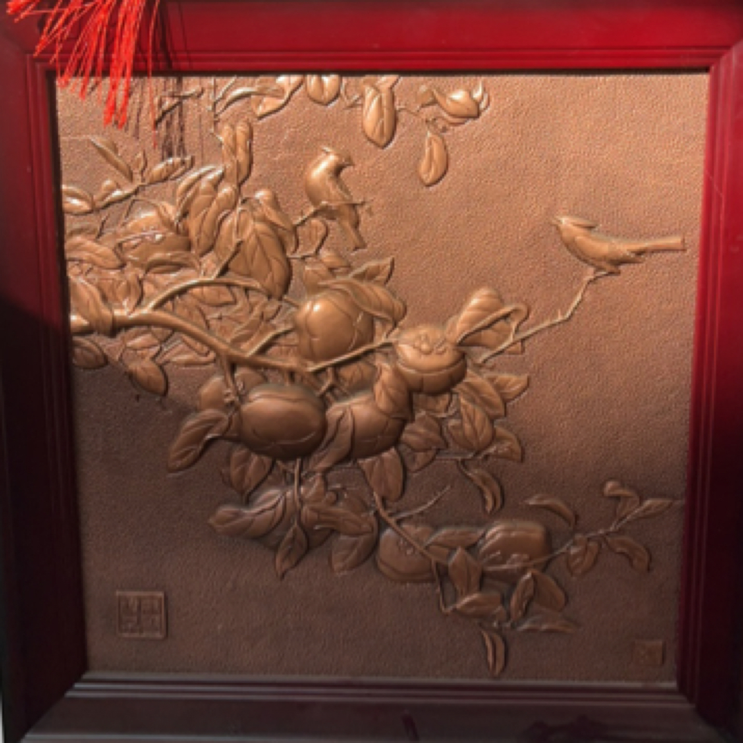 紫铜锻铜浮雕手工錾刻花鸟图中式客厅卧室装饰画挂画壁画