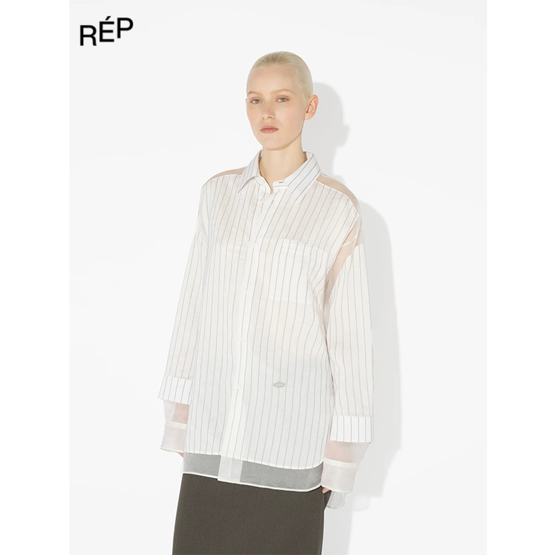 Jean Paul Gaultier设计师品牌白色细条纹拼纱网衬衫 25FW新款