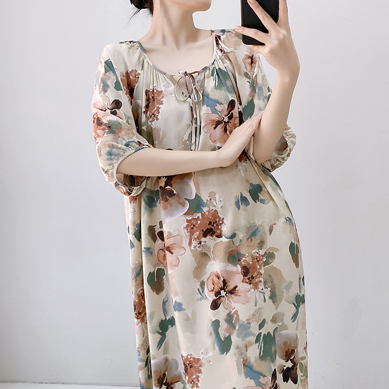 夏季碎花中式不褪色薄款棉绸睡裙时尚连衣裙复古气质女士家居服