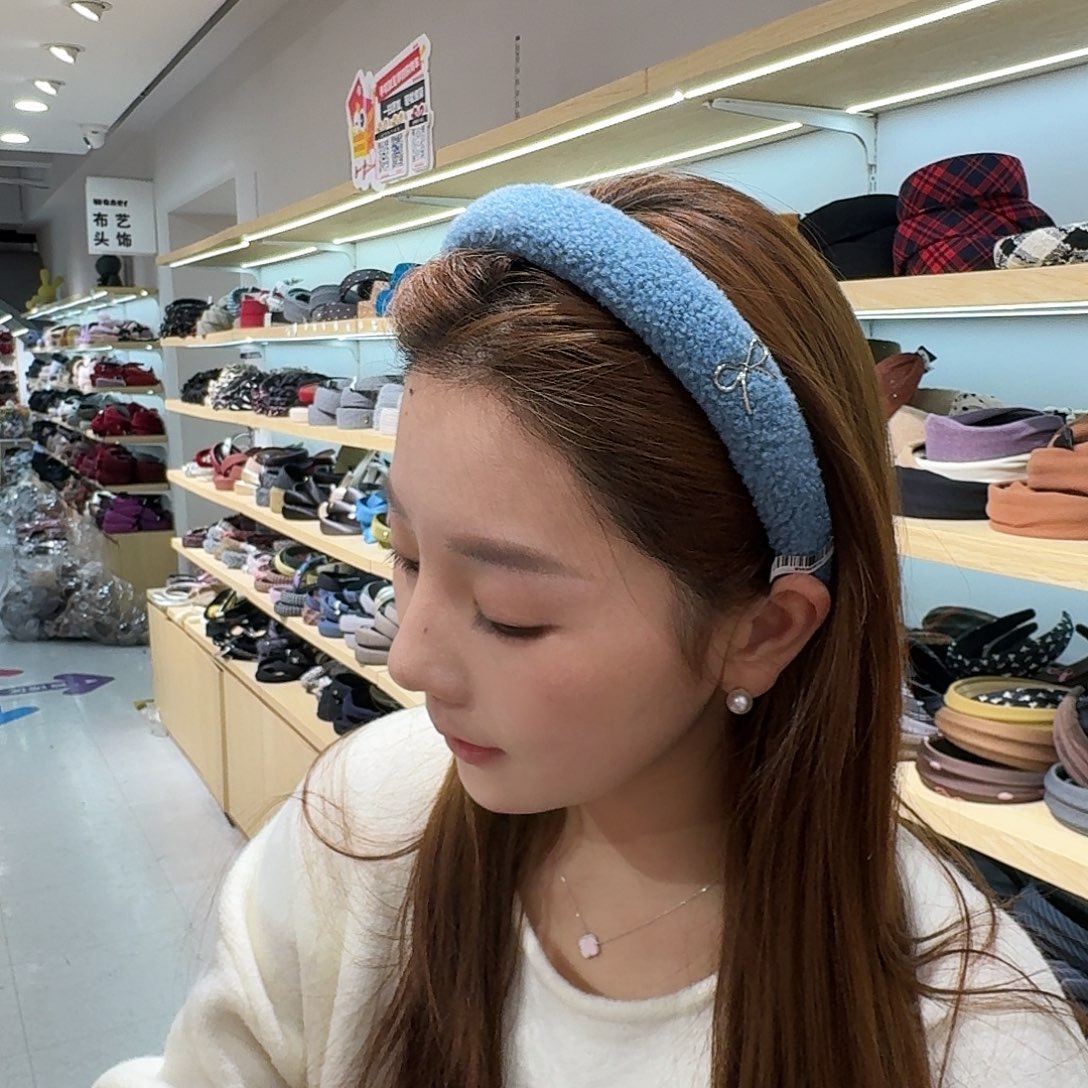 布艺非金属新款蓝色卷毛发箍