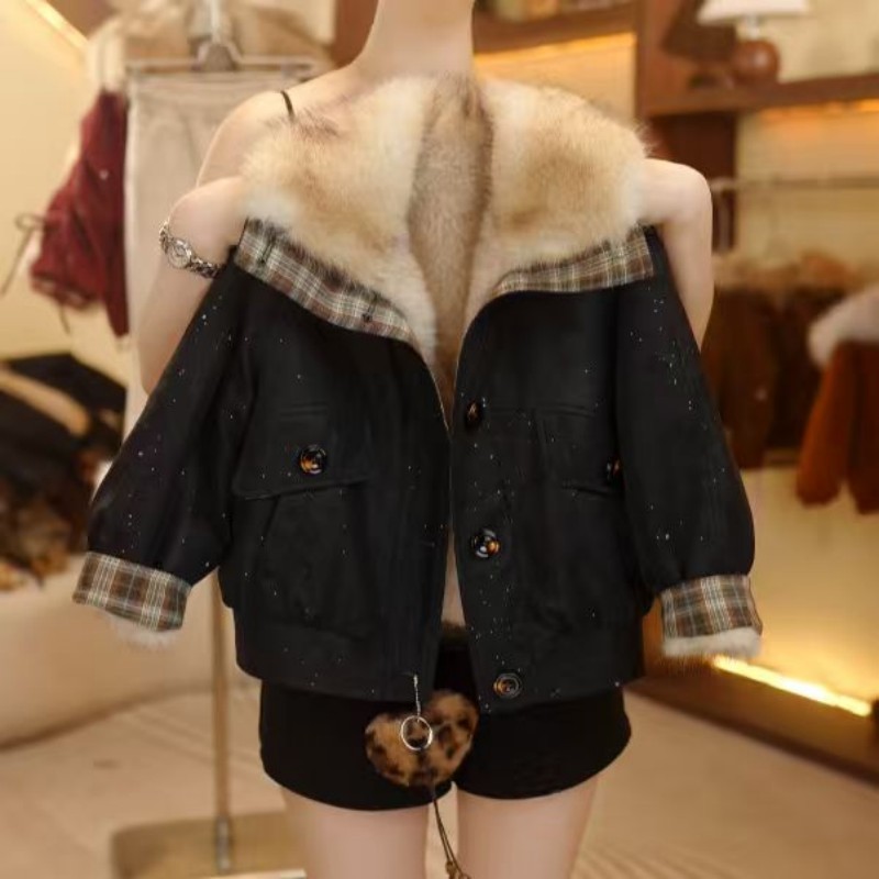 冬季新款加绒加厚皮衣外套大翻领轻奢风女童宝宝童装时尚外套潮