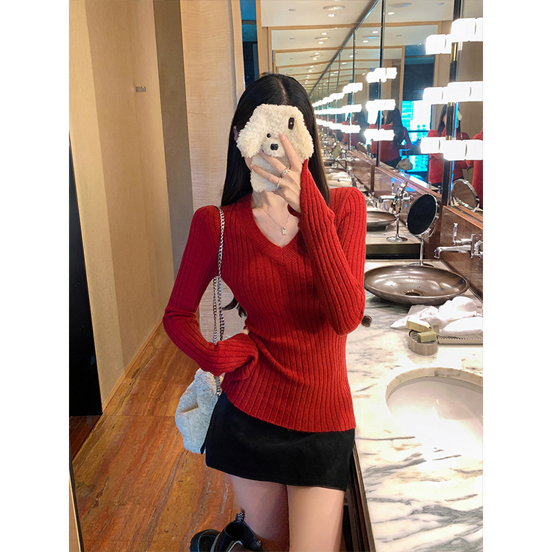 MosesQueen/魔西女王 纸片人慵懒感坑条针织衫女V领显瘦长袖上衣