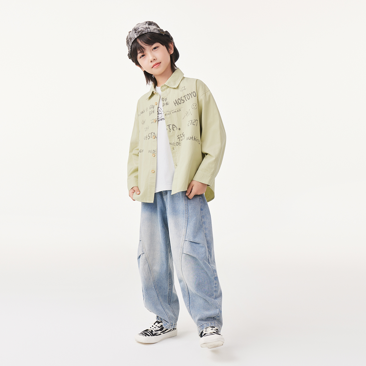 皇室童缘男童字母印花长袖衬衫25秋季新款中大童宽松上衣儿童衬衣