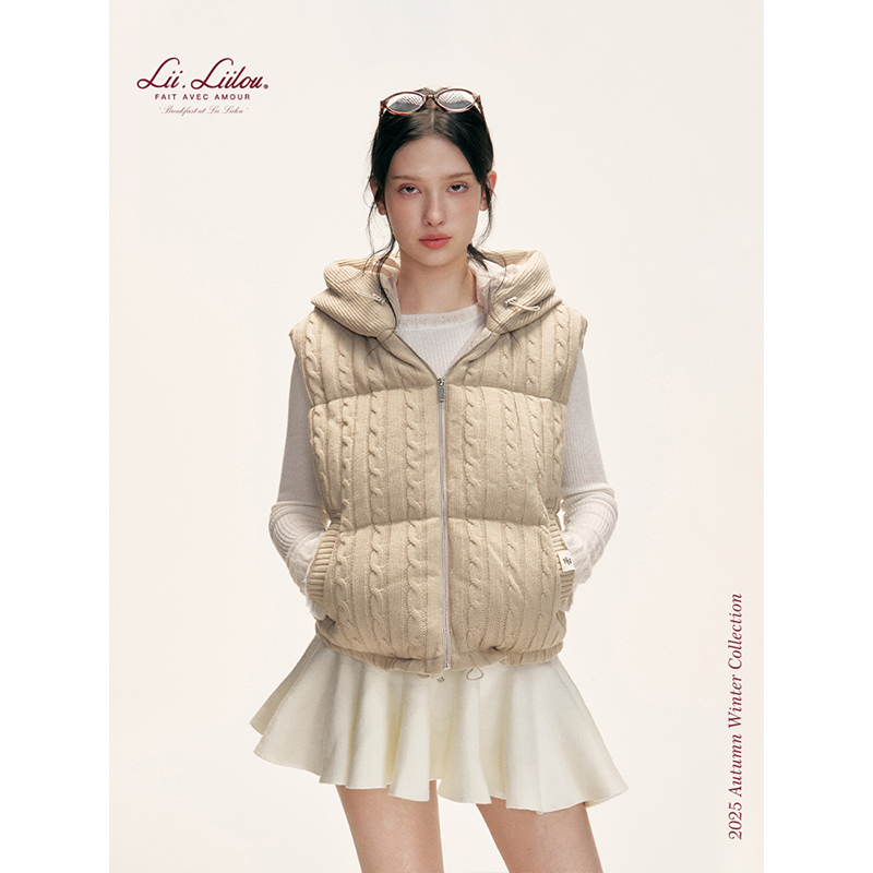 Liilou 轻暖泡芙 90白鸭绒 麻花针织拼接宽松休闲连帽马甲