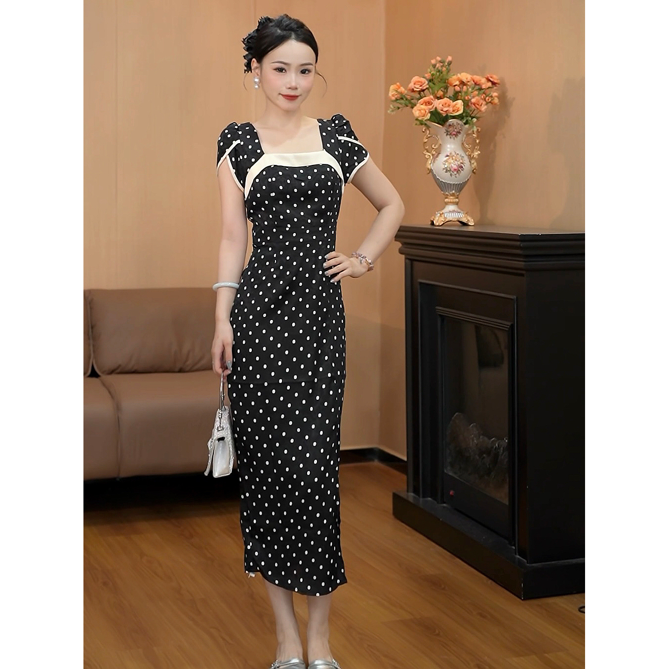 3977【波普美学】法式复古赫本风波点收腰显瘦气质高级感长裙