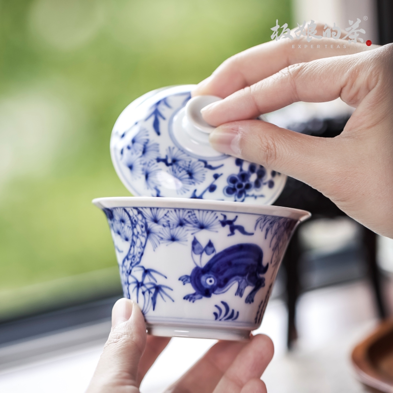 景德镇青花陶瓷小酌斋马蹄兔子盖碗泡茶器手绘家用功夫茶具125ml